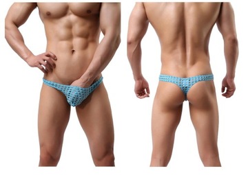 SEXY MĘSKIE STRINGI SIATKA DZIURY NIEBIESKIE L
