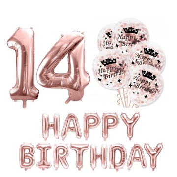 ZESTAW balony HAPPY BIRTHDAY 14 urodziny ROSE 100c