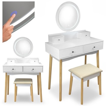 TOALETKA z LUSTREM i TABORETEM drewniana OŚWIETLENIE LED szara KOSMETYCZNA