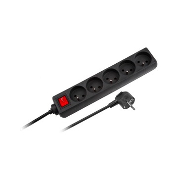 Przedłużacz sieciowy Rebel czarny 5 gniazd z przełącznikiem, kabel 5m (1,5m