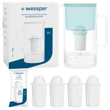 Dzbanek filtrujący szklany Wessper 3l Miętowy + 5x Filtr aquaclassic 77g