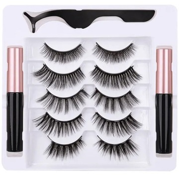 SZTUCZNE RZĘSY MAGNETYCZNE DŁUGIE ZESTAW 5 PAR + PĘSETA EYELINER AG851A