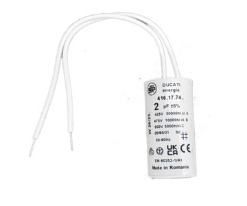 Kondensator silnika 2uF 425V 475V DUCATI 416.17.74 przewody, 30000h