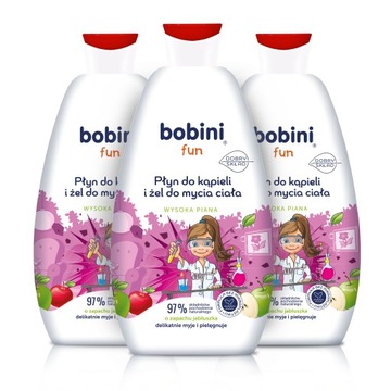 BOBINI Płyn do Kąpieli Żel do Mycia dla Dzieci 2w1 Maxi Piana Jabłko 3x500
