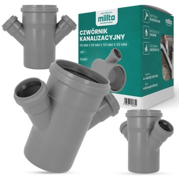 CZWÓRNIK KANALIZACYJNY 110x50 MM 45° PCV PP Rury Wody Łącznik Złączka Szary