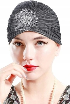 Dzianinowy turban na głowę z kryształową broszką