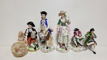 ZESTAW 5 FIGUREK PORCELANOWYCH HAND MADE ROKOKO 1720-80 +LALKA PORCELANOWA