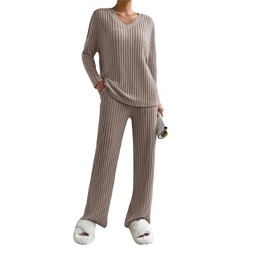 Solid Women Fall Winter Pajamas Set 2Pcs V Neck Lo