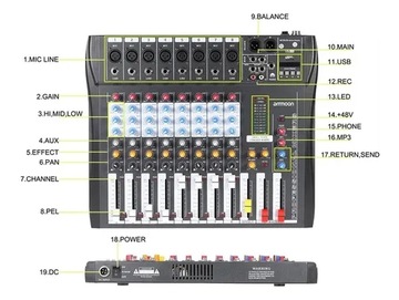 8-kanałowy mikser audio Ammoon Ct80s-usb