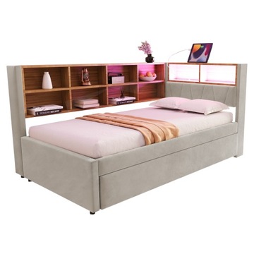 Sofa rozkładana 90x200, łóżko wysuwane Schowek na gniazdo LED Jasnoszary