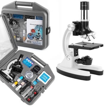 MIKROSKOP OPTYCZNY ZESTAW LABORATORYJNY ZOOM 1200X 3 OBIEKTYWY + AKCESORIA