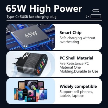 БЛОК ПИТАНИЯ ЗАРЯДНОЕ УСТРОЙСТВО 230 В 65 Вт 6 ПОРТОВ USB USB-C БЫСТРАЯ ЗАРЯДКА QC 3.0 PD