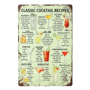Tabliczka dekoracyjna metalowa COCKTAIL RECIPES