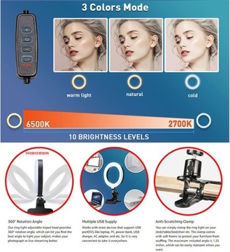 Кольцевая лампа 6,3 дюйма, 3 цвета света + 10 уровней яркости, вращающаяся.