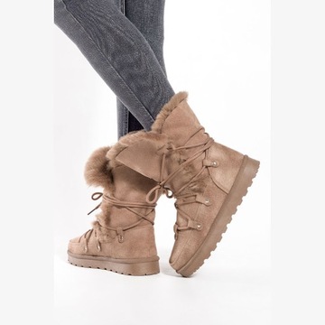 MUKLUKI СНЕЖНЫЕ БОТИНКИ ЖЕНСКИЕ БЕЖЕВЫЕ ЗИМНИЕ ТУФЛИ С ДЕКОРАТИВНОЙ ЗАВЯЗКОЙ ТЕПЛЫЕ 37