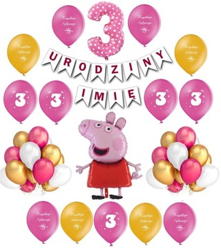 Dekoracja 3 Urodziny Trzecie Zestaw Peppa Balony