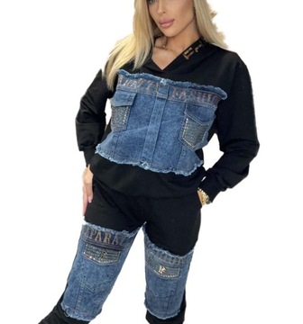 Dres Czarny damski z Jeansem 2057 PF Bluza z kapturem PAPARAZZI FASHION