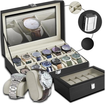 ETUI NA ZEGARKI BIŻUTERIĘ 12 PRZEGRÓDEK ORGANIZER SZKLANA POKRYWA PREZENT