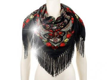 Duża góralska chusta frędzle MODNA Folk wzory Apaszka ludowa kolorowa etno