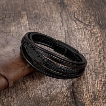 CZARNA BRANSOLETKA SKÓRZANA Z PIÓRKIEM MĘSKA SKÓRA PIÓRO ELEGACKA STAL 316L