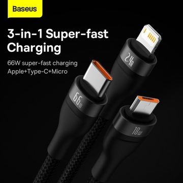Кабель Baseus 3 в 1 — USB — Type C, Lightning, Micro USB — 66 Вт, 6 А, 1,2 метра