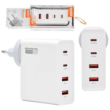 ŁADOWARKA SIECIOWA 130W 2xUSB-C + 2xUSB 3.0QC PD 100W SZYBKA KILKA URZĄDZEŃ