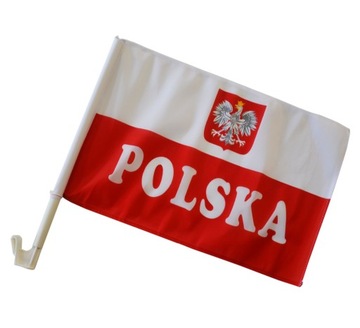 Mocna Flaga Samochodowa Polski godłem +NAPIS 30x20