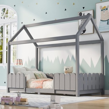 Łóżko domek 90x200, dziecięce z barierką i stelażem, drewniane, szare