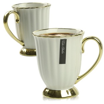 KUBEK PORCELANOWY Z UCHEM 240ML DO KAWY HERBATY ECRU ZŁOTY
