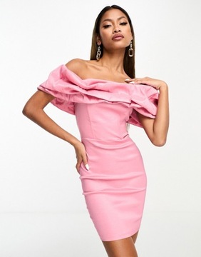 NaaNaa Różowa sukienka mini z dekoltem bardot i falbanką oversize 44
