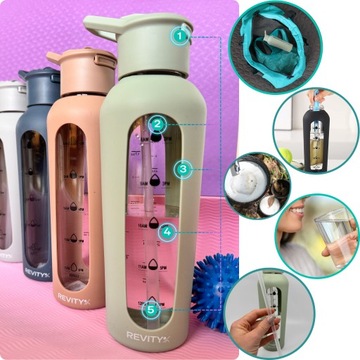 SZKLANA BUTELKA NA WODĘ BIDON SHAKER Z MIARKĄ I DZIUBKIEM SILIKONOWE ETUI