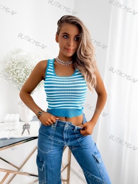 Crop top sweterkowy w paski krótki NIEBIESKI