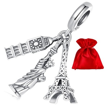 G782 Big Ben Wieża Eiffla Statua Wolności srebrny charms zawieszka