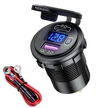 ŁADOWARKA SAMOCHODOWA USB QC3.0 + PD USB C WOLTOMIERZ PRZYCISK ON/OFF