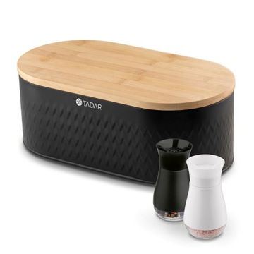 CHLEBAK Czarny DESKA + 2 przyprawnik SÓL PIEPRZ Tadar Iconic 34 x 18 x 12,5