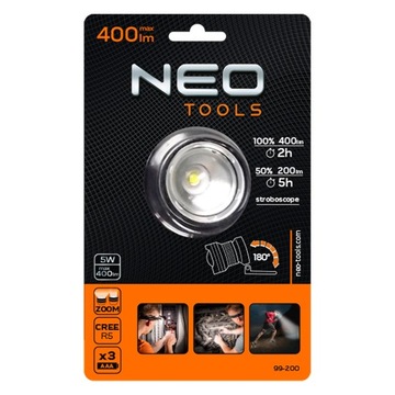 Налобный фонарь NEO 400 люм, зум, CREE R5, 3xAAA, 99-200