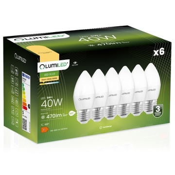 6x Żarówka LED E27 ŚWIECA 5W = 40W 3000K CIEPŁA BIAŁA ŚWIECZKA CCD LUMILED