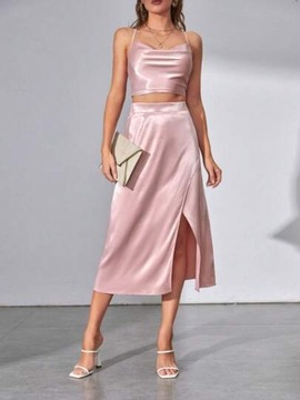 SHEIN RÓŻOWY SATYNOWY KOMPLET CROP TOP SPÓDNICA M 14754