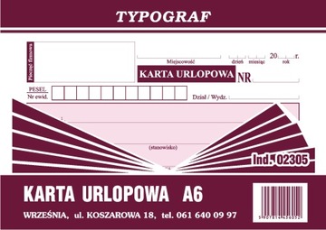 DRUK 02305 KARTA URLOPOWA A6 TYPOGRAF
