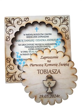 Zaproszenie drewniane na komunia grawerowane eko