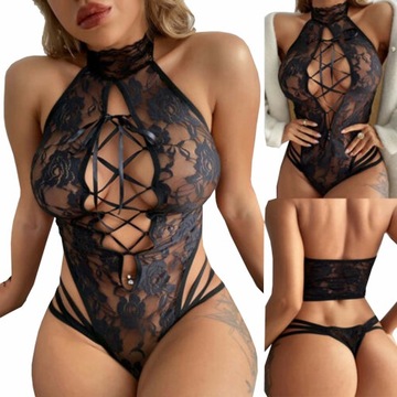 KOMPLET BIELIZNY SEKSOWNE CZARNE BODY KORONKA TOP