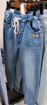 Włoskie jeansowe BAGGY joggersy guziki dresowe L