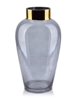 DUŻY WYSOKI SZKLANY WAZON SZARY ZŁOTY GLAMOUR 32cm