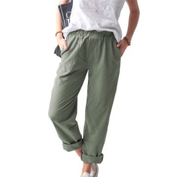 Eleganckie Spodnie Damskie Bawełniano-Lniane Wysoki Stan Casualowy Styl