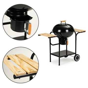 Угольный садовый гриль с крышкой, полками, решеткой и зольником.