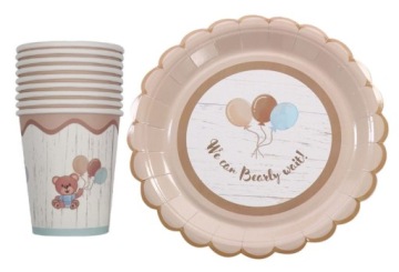 ZESTAW PAPIEROWY JEDNORAZOWY KUBECZKI TALERZYKI we can bearly wait