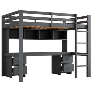 Детская кровать на чердаке, размеры 90*200 см, с серым столом.