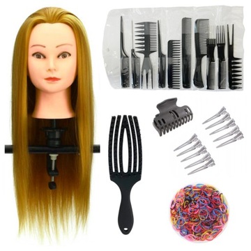 ZESTAW GŁÓWKA FRYZJERSKA TRENINGOWA CIEMNY BLOND + GRZEBIENIE GUMKI SPINKI