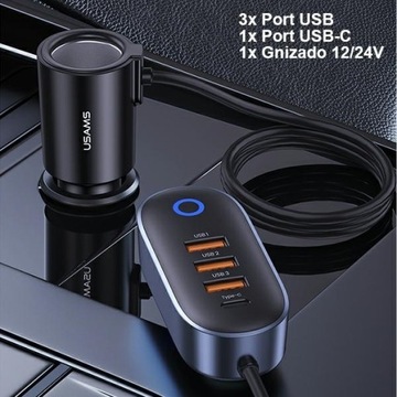 ПРОВОДНОЕ АВТОМОБИЛЬНОЕ ЗАРЯДНОЕ УСТРОЙСТВО USAMS 3xUSB 1xUSB-C 156ВТ ЧЕРНОЕ