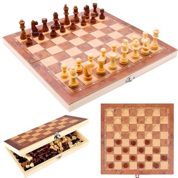 3 w 1: Szachy drewniane, Warcaby, Backgammon - Zestaw Gier dla Wszystkich